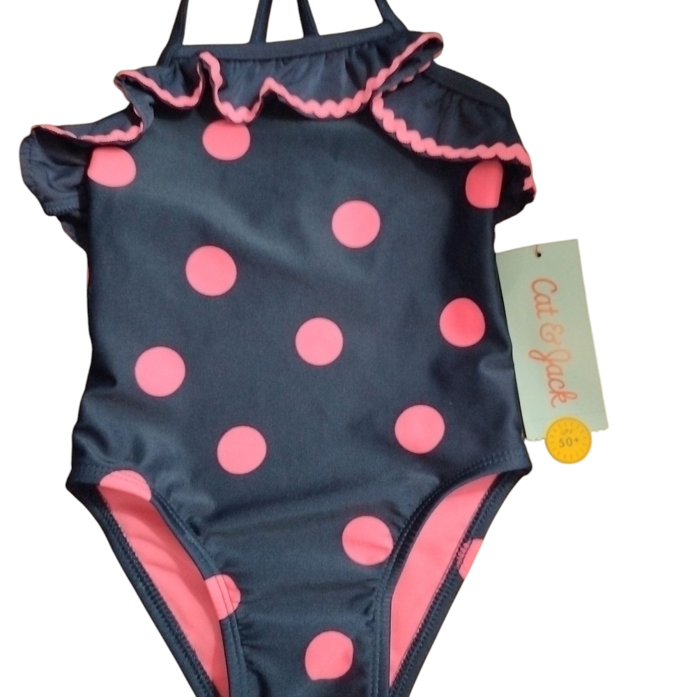 Cat & Jack Navy and Pink Polka Dot Swimsuit